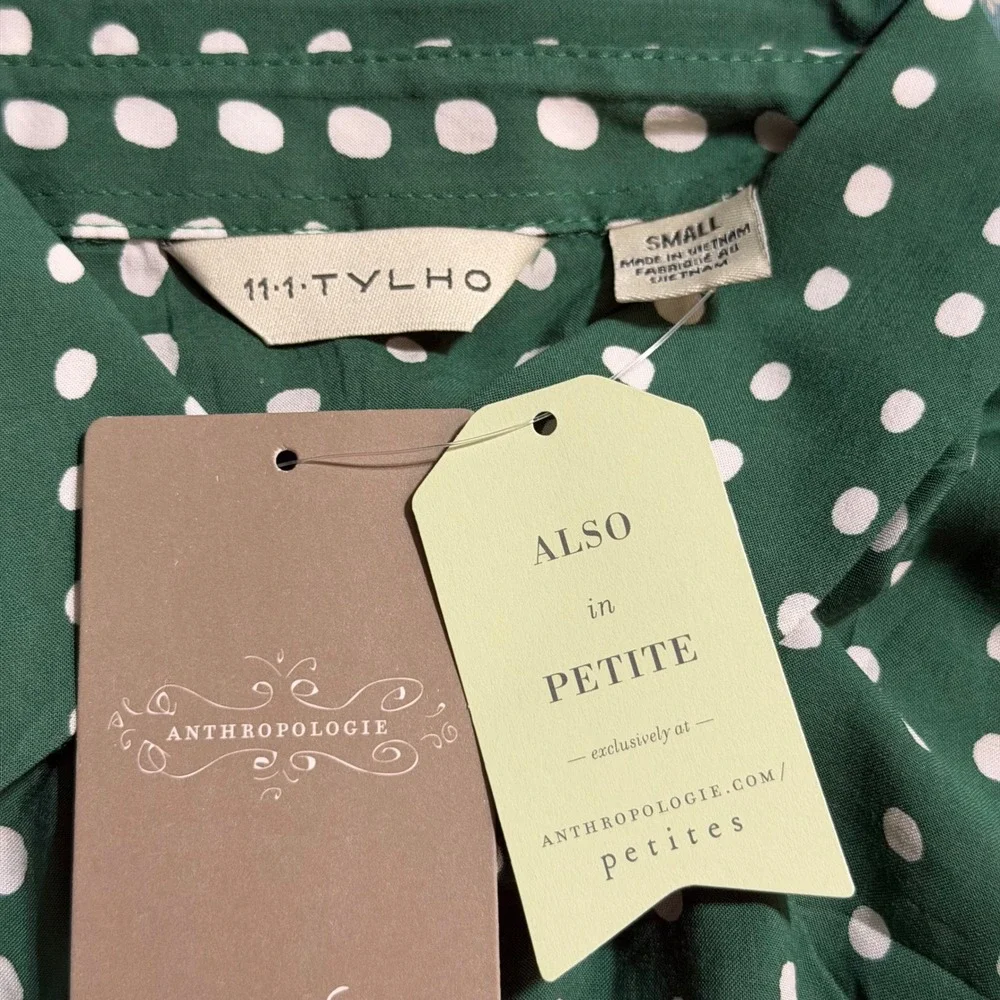 NWT 11 1 Tylho‎ Polka Dot Green Sleeveless Shirt Dress Midi Fit Flare Size Small